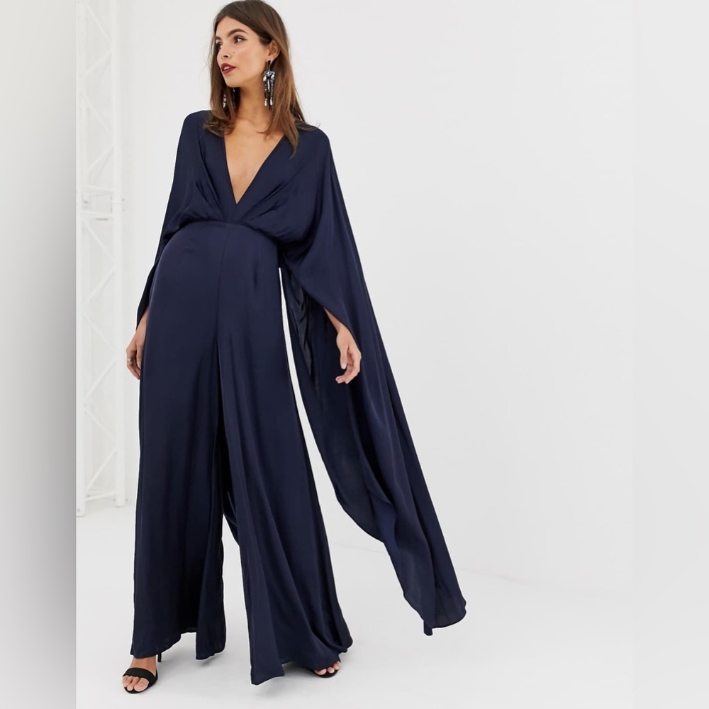 NWT ASOS Edition Satin Cape Sleeve Jumpsuit in Navy Blue Size 2. - Picture 13 of 15